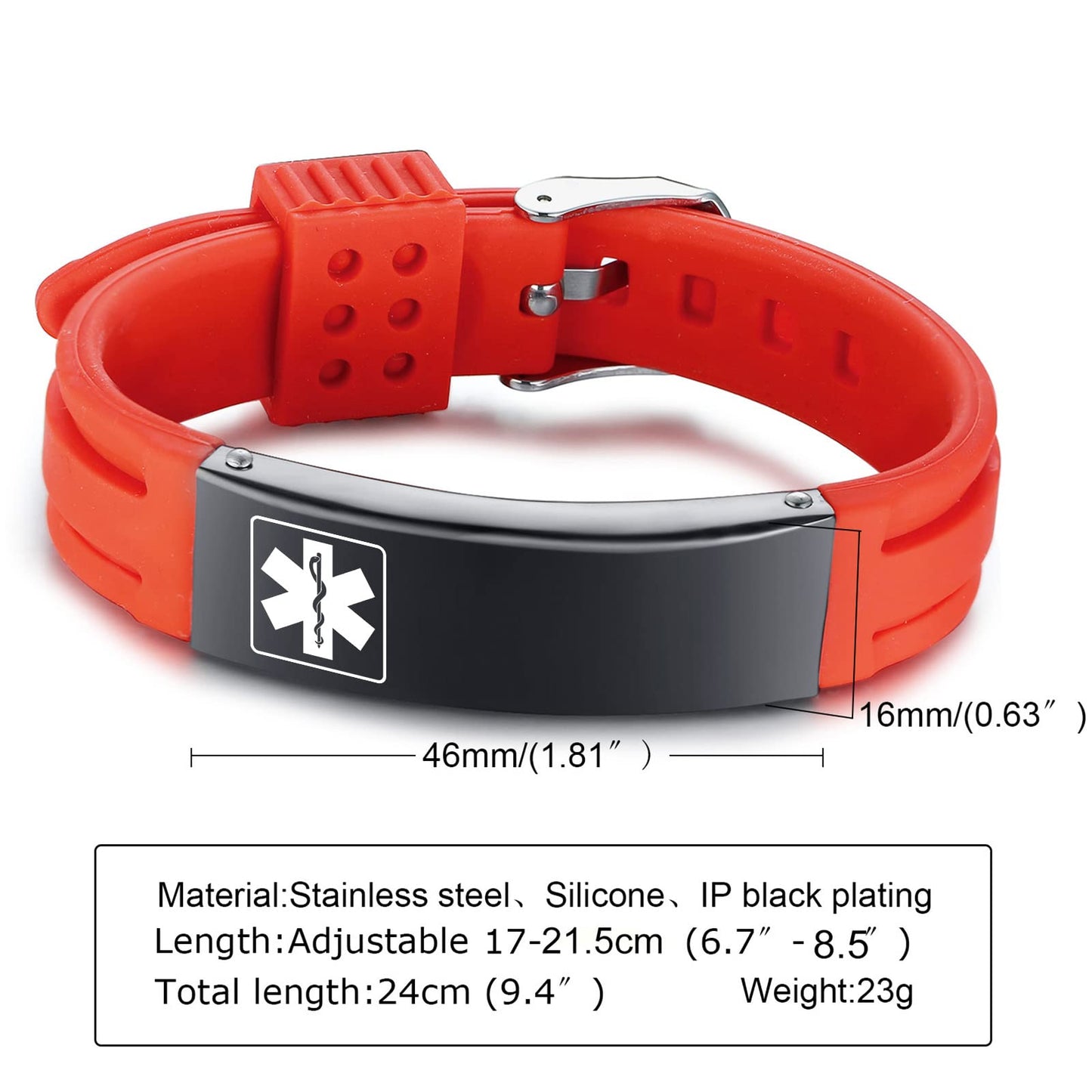 VNOX Customize Emergency Jewelry Medical Alert ID Red Silicone Rubber Stainless Steel Adjustable Bracelet,Unisex
