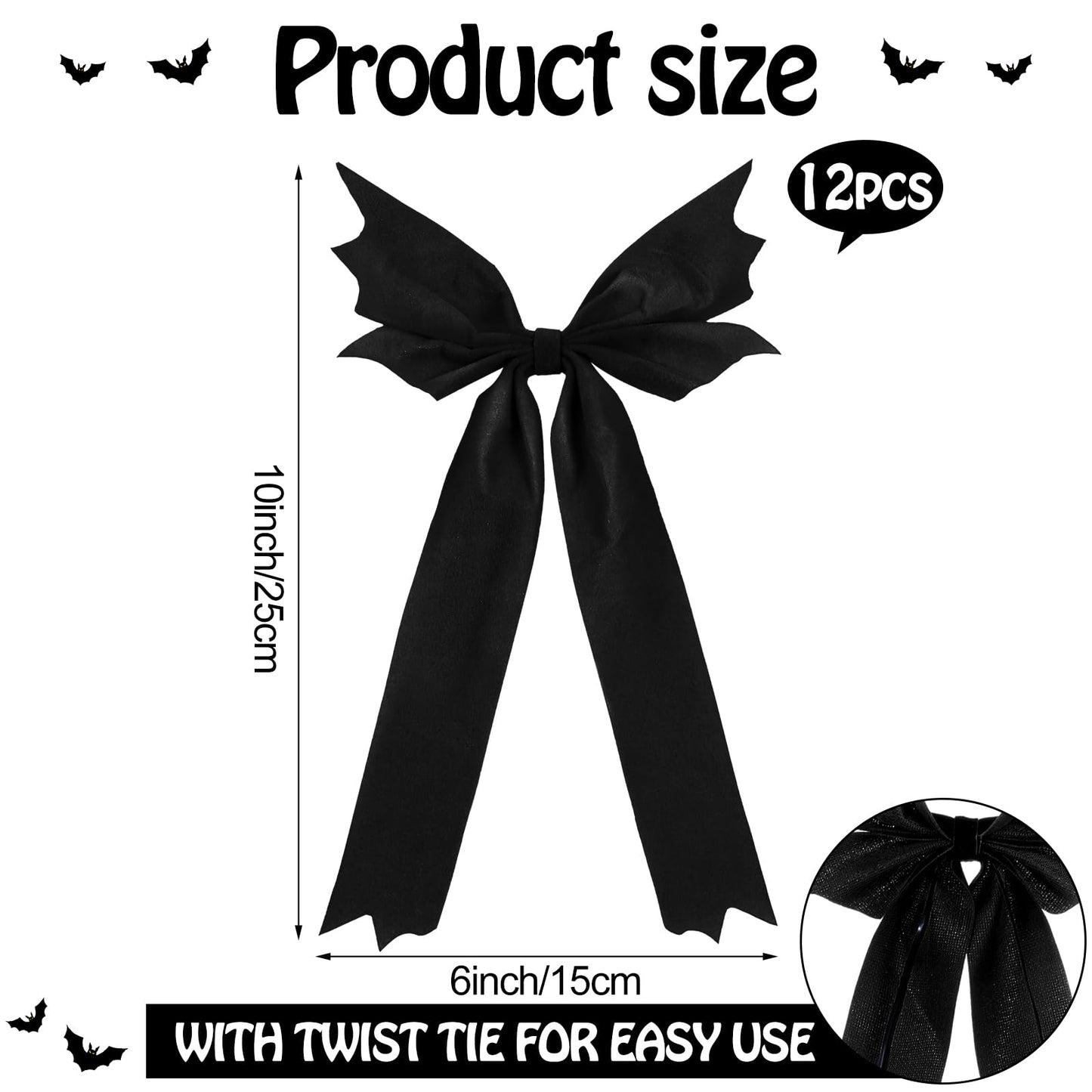Eurzom 12 Pcs Gothic Christmas Bat Bows Tree Ornaments 10'' x 6'' Spooky Christmas Decor Horror Black Bat Shaped Velvet Bows, Creepy Nightmare Hanging Decorations for Xmas Wreath Home Party Gift