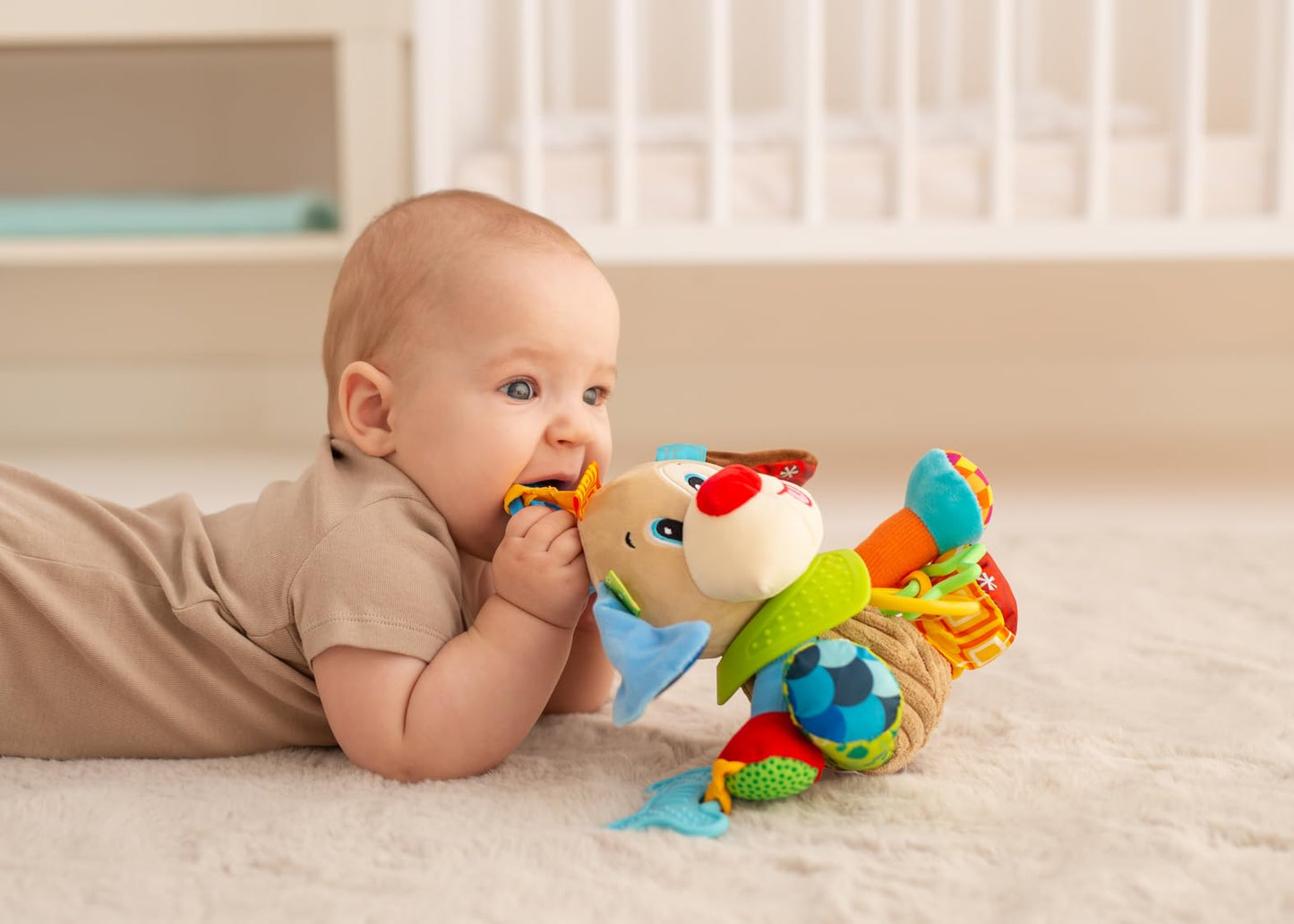 Balibazoo Puppy Paul Hanging Baby Toy for 0-24M - Developmental Sensory Activity Toy | Crinkle, Rattle, BPA-Free Silicone Teethers | Clip for Stroller, Car Seat | Soft Plush Newborn Gift