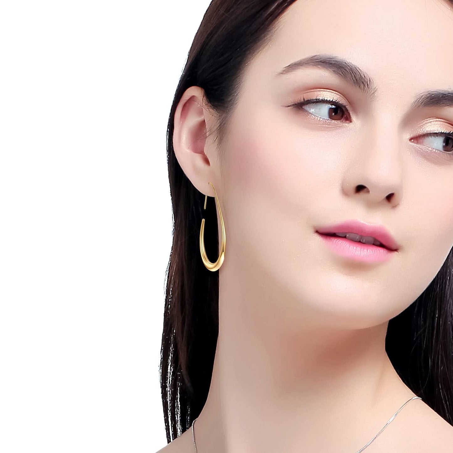 Lightweight Teardrop Hoop Earrings for Women - 14k Gold/White Gold Plated Large Oval Pull Through Hoop Earrings High Polished Statement Jewelry Gift for Women(gold 30 * 18)