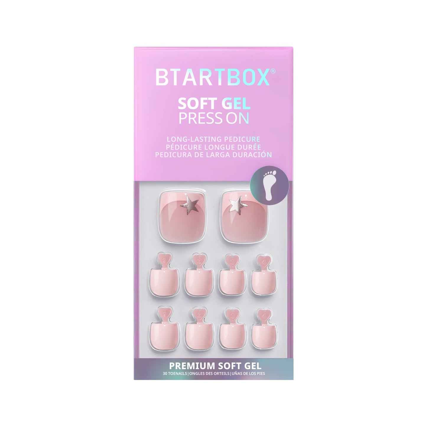 BTArtbox Press On Toenails Short - Your Highlight, Silver Star French Tip Square Toe Nail Press Ons with Glue and Adhesive Tabs for Women in 15 Sizes - 30 Toenails All-in-One Kit