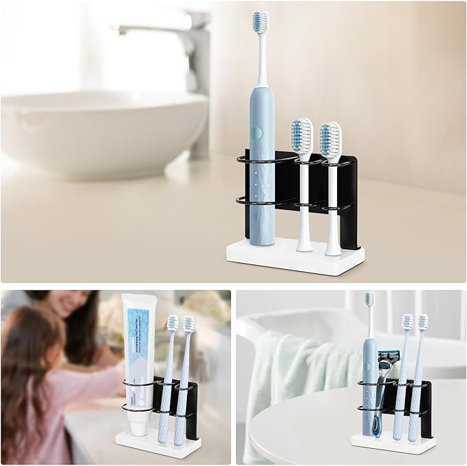 Toothbrush Holder for Bathroom Counter, Metal Toothbrush and Toothpaste Holder Stand with Marble Base for Bath Organizer Countertop, 3 Slots (Matte Black)
