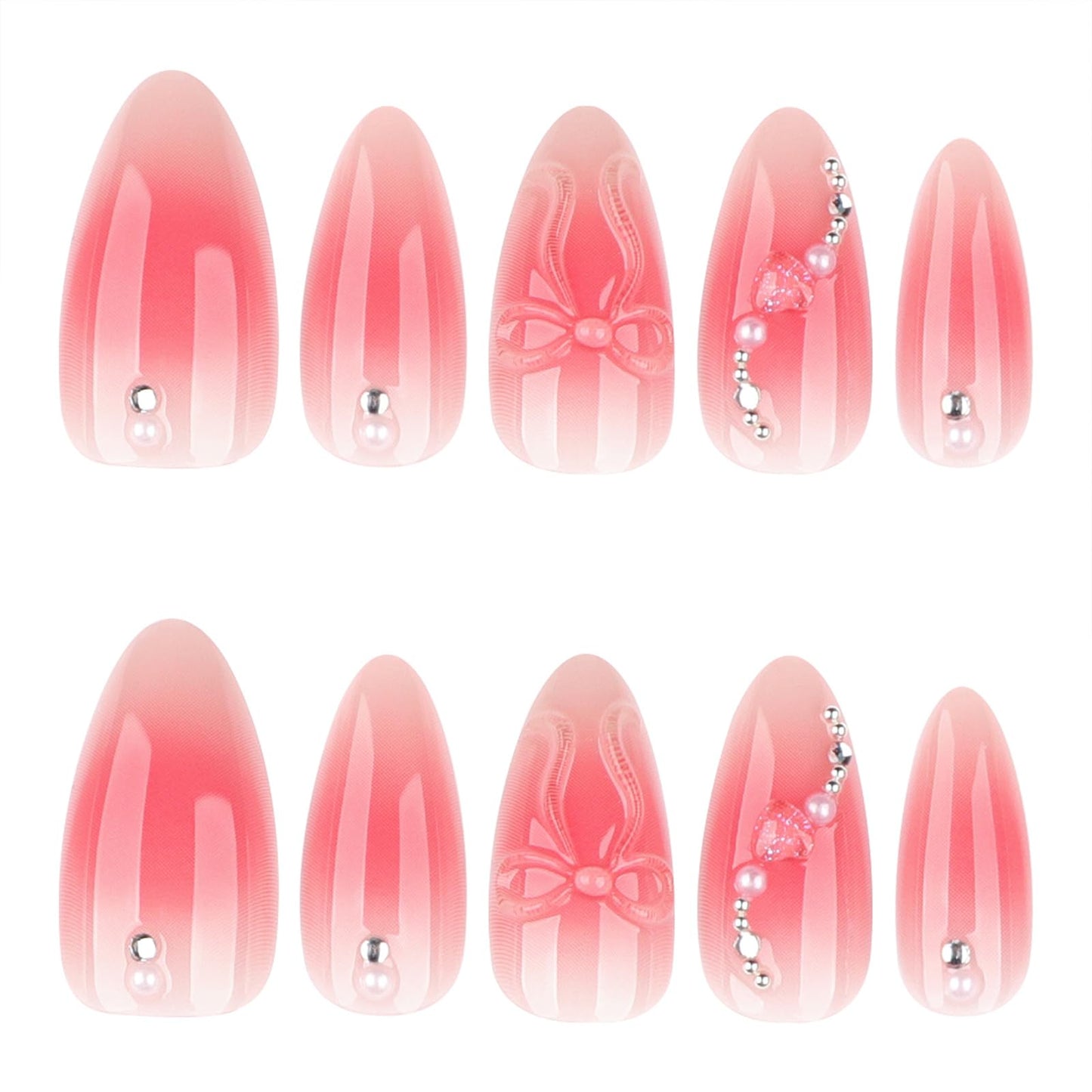 Mivota Pink Ombre Soft Gel Press On Nails 24PCS – 3D Bow Almond Fake Nails with Rhinestones, Glossy Reusable Glue On Nails for Women, Salon Quality Cute Natural Gradient Nail Tips