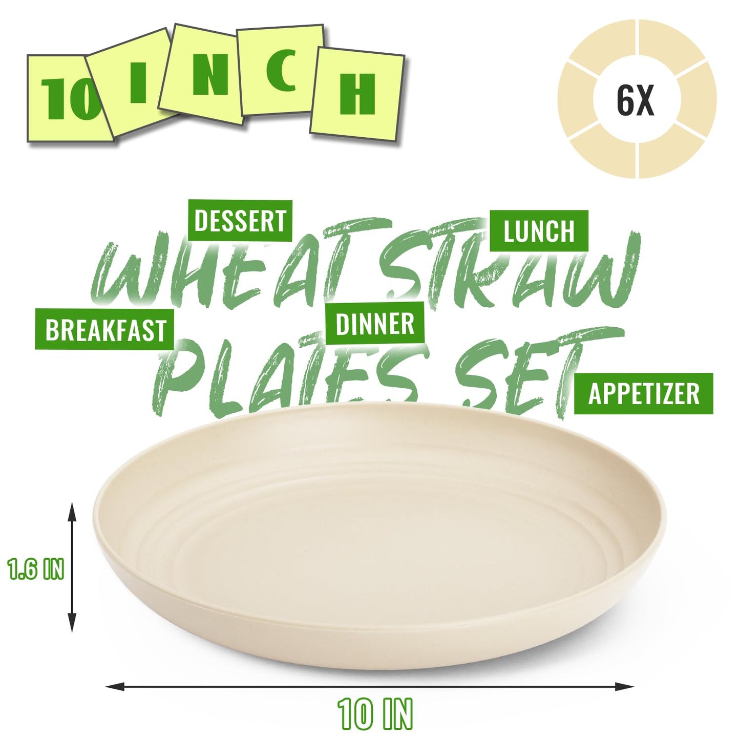 Perlapoc Wheat Straw Dinner Plates 6-Piece Set, 10 Inch Unbreakable Deep Plates, BPA-Free Reusable Plastic Plates, Microwave and Dishwasher Safe for Family, Kitchen, Beige