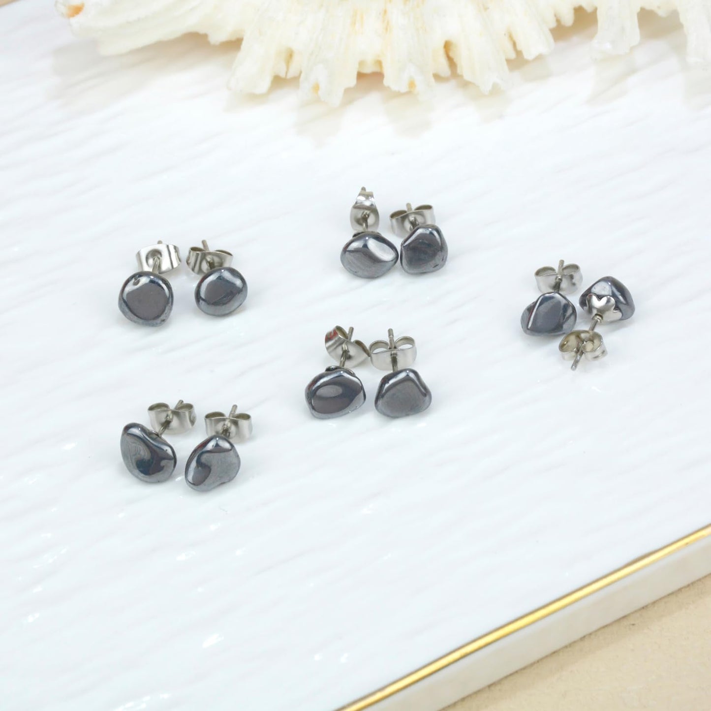 Hematite Earrings, Natural Gemstone Terahertz Stone Stud Earring for Women Men Hypoallergenic Stainless Steel Post Earrings Stone 8-12mm (Hematite)