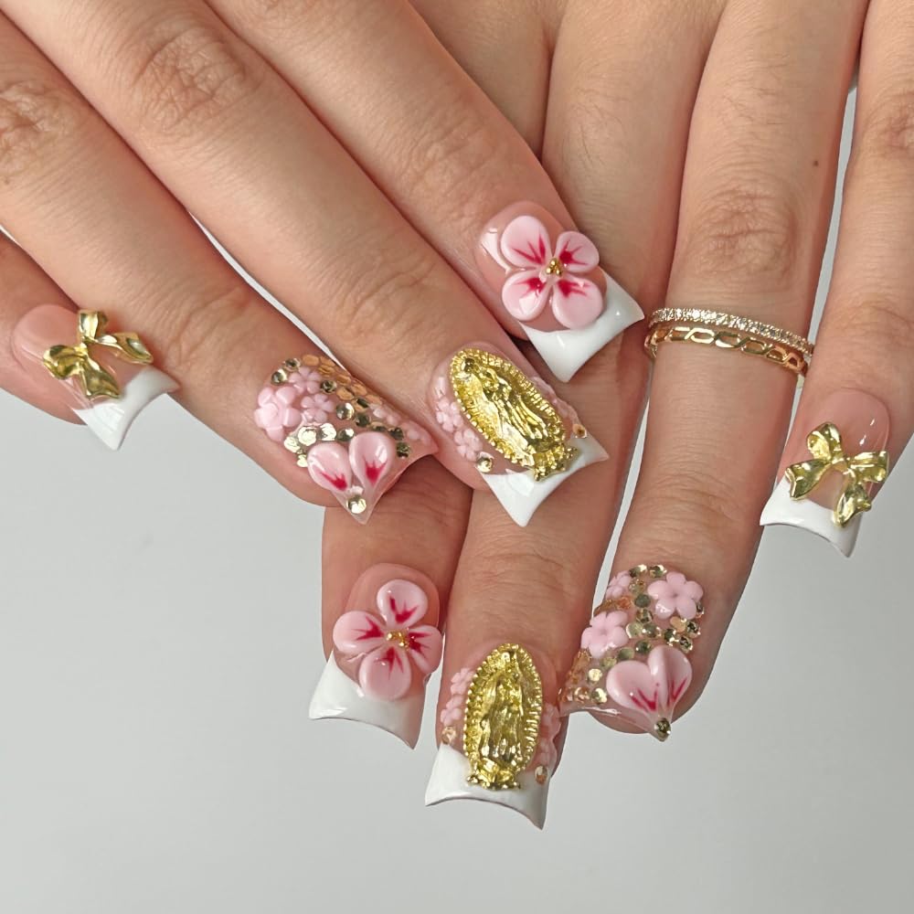 Press On Nails Handmade Short Duck Nails, Glossy Art Designs Reusable Acrylic Artificial Stick On Nails, 10 Pcs False Nails Set (Size M)