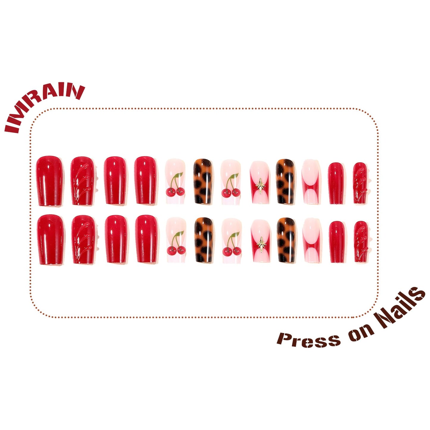 IMRAIN Press on Nails Long Square Fake Nails with 3D Cherry, Leopard Print Designs Glue on Nails Brown Red Acrylic False Nails for Women