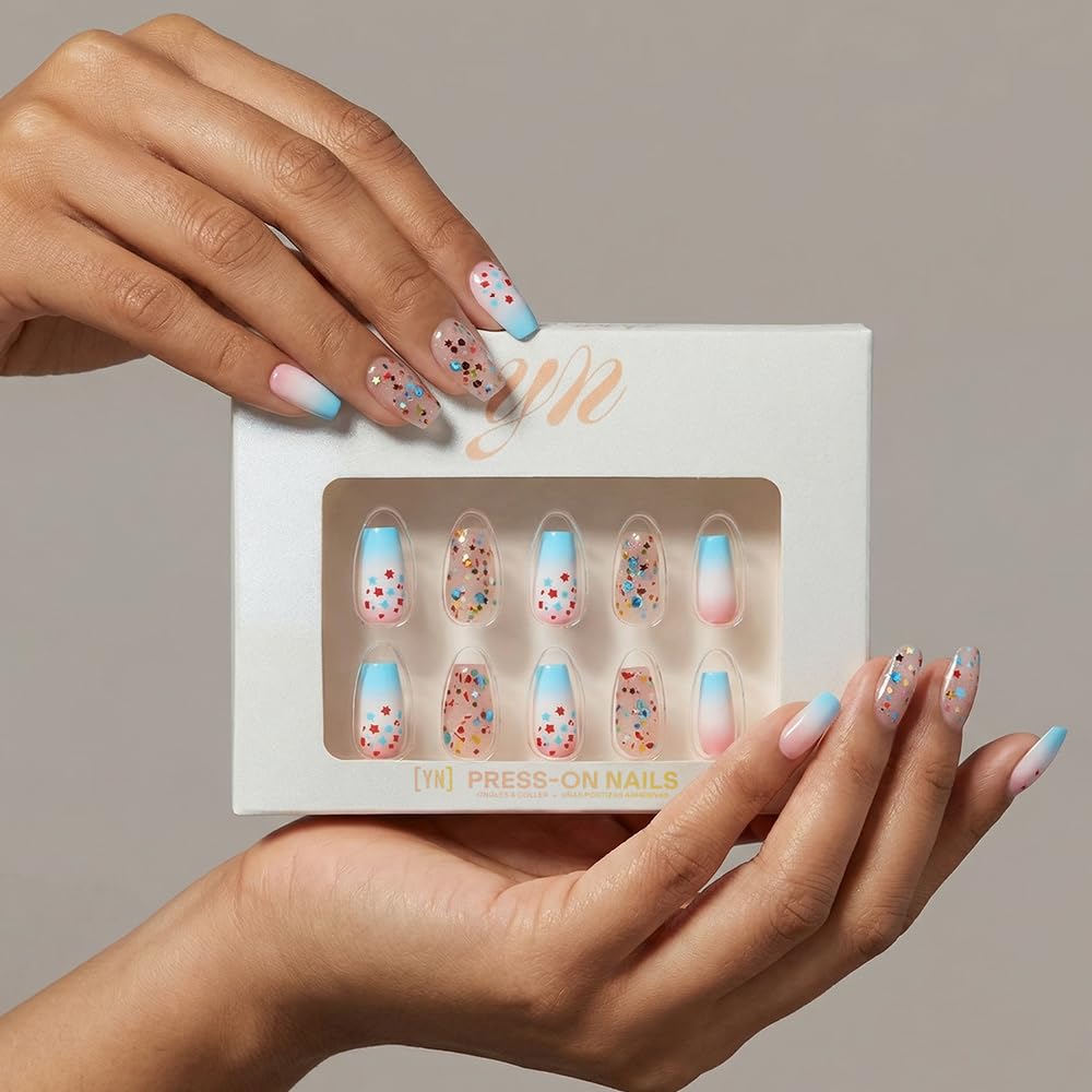 YN Young Nails Press On Nails - Glue On Fake Nails for Women,Medium Oval Shape, Includes Nail Glue, File, Tabs, Quick and Easy Application (Rocket Glitz)
