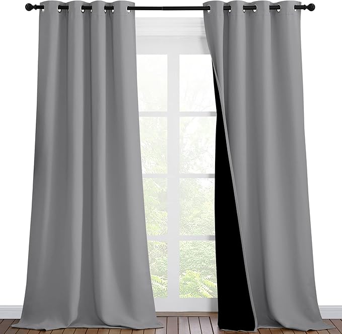 NICETOWN Total Shade Curtains and Draperies, Heavy-Duty Full Light Shading Drapes with Black Liner Backing for Villa/Hall/Dorm Window（Silver Grey, Package of 2 Panels, 46 inches Wide x 90 inches Long