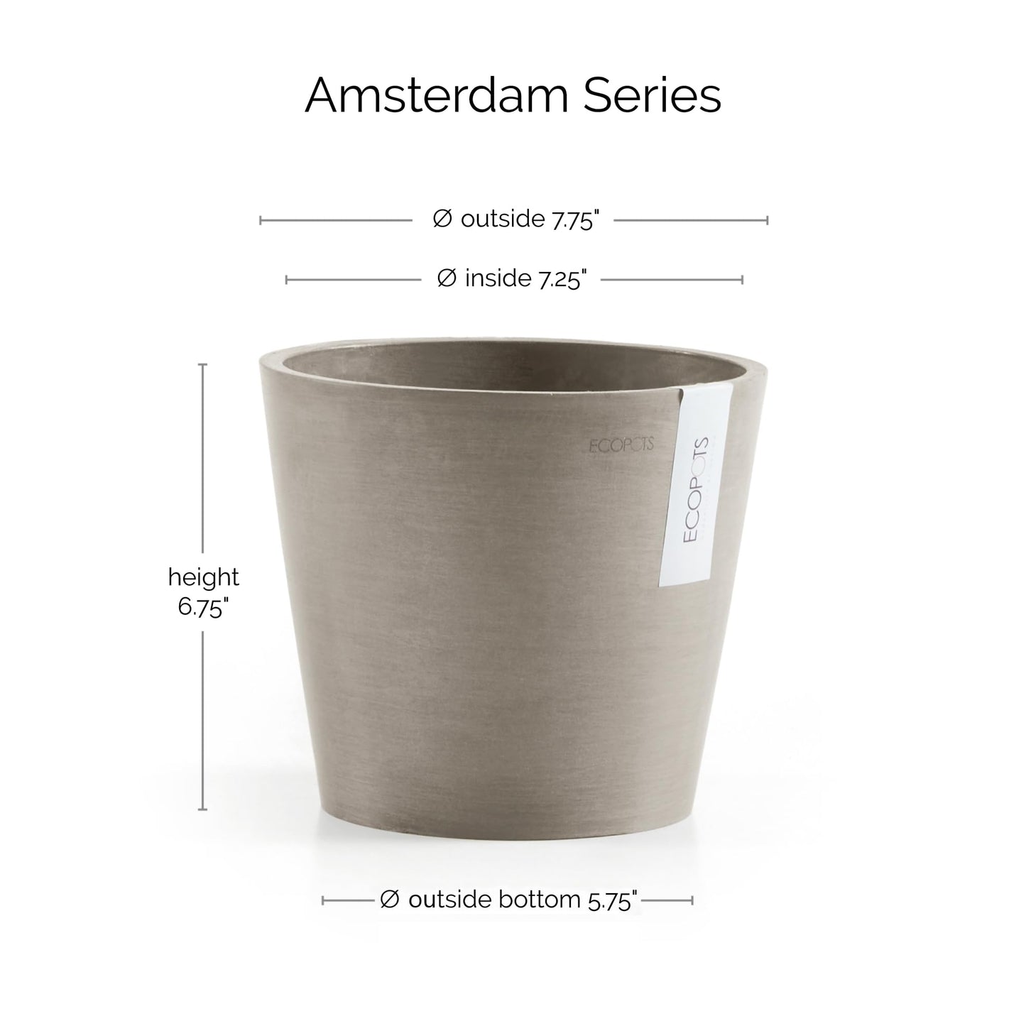 Ecopots Amsterdam Durable Modern Round Indoor/Outdoor Recycled-Based Composite Flower Pot Planter, Taupe, 8"