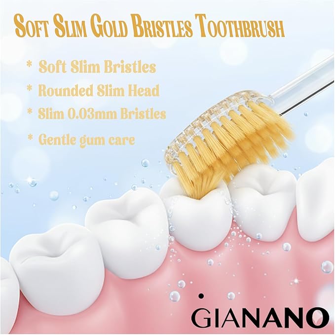 Soft Slim Gold Bristles Toothbrush for Sensitive Gums - Soft Slim Bristles, Compact Head, Toothbrushes for Adults / 8-Piece Set (Blue, Green, Pink, Violet x 2 Each)