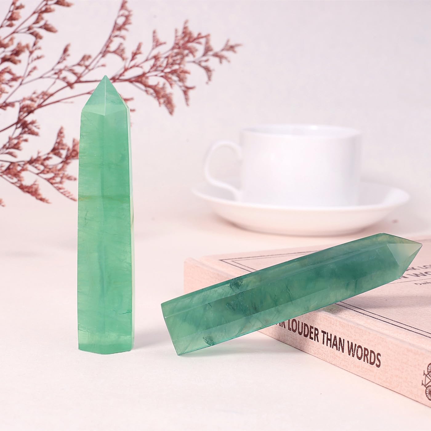 ZHIYUXI 3.7-4" Green Fluorite Crystals Wands Gemstones Crystal Tower 1 Pc Hexagonal Pointed Stone Large Crystals Reiki Energy Balancing Meditation Therapy Decoration Gifts