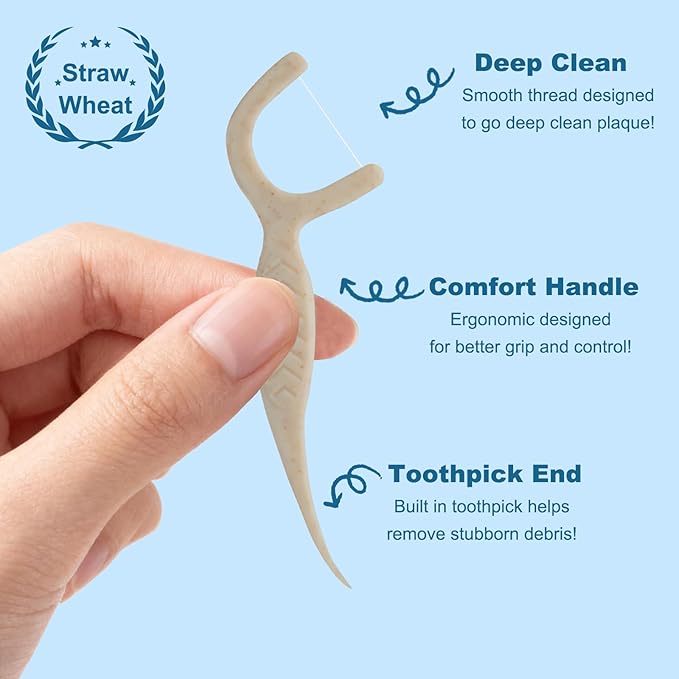 Straw Biodegradable Dental Floss Picks 300 Count,Zueloar Eco Friendly Natural Vegan Plant Based Floss Sticks,Tooth Flosser Clean for Adults Kids Oral Gum Care (300)