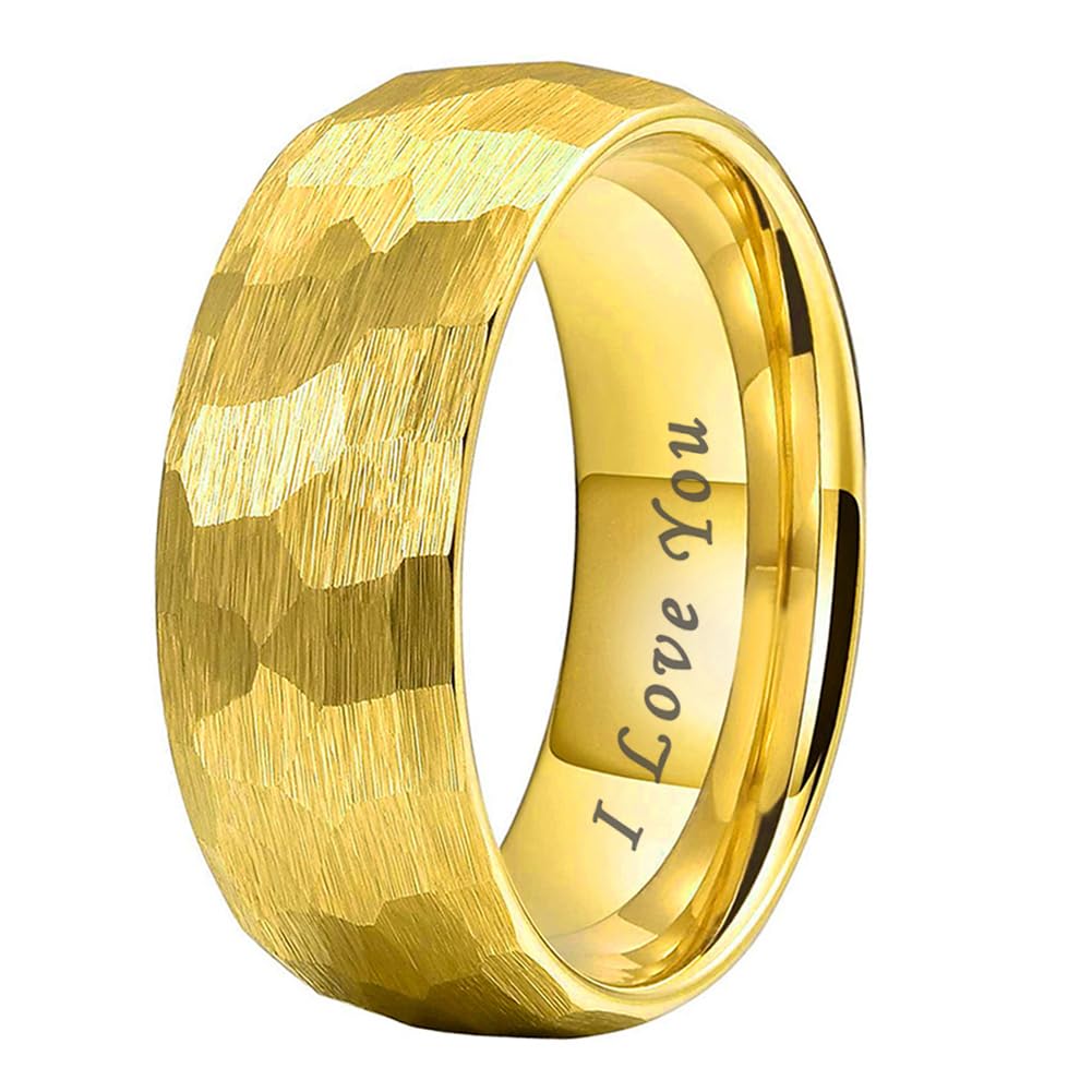 TUTISS 8mm Gold Hammered Tungsten Rings for Men Women Engagement Wedding Bands Domed I Love You Engraved Comfort Fit Size 9.5