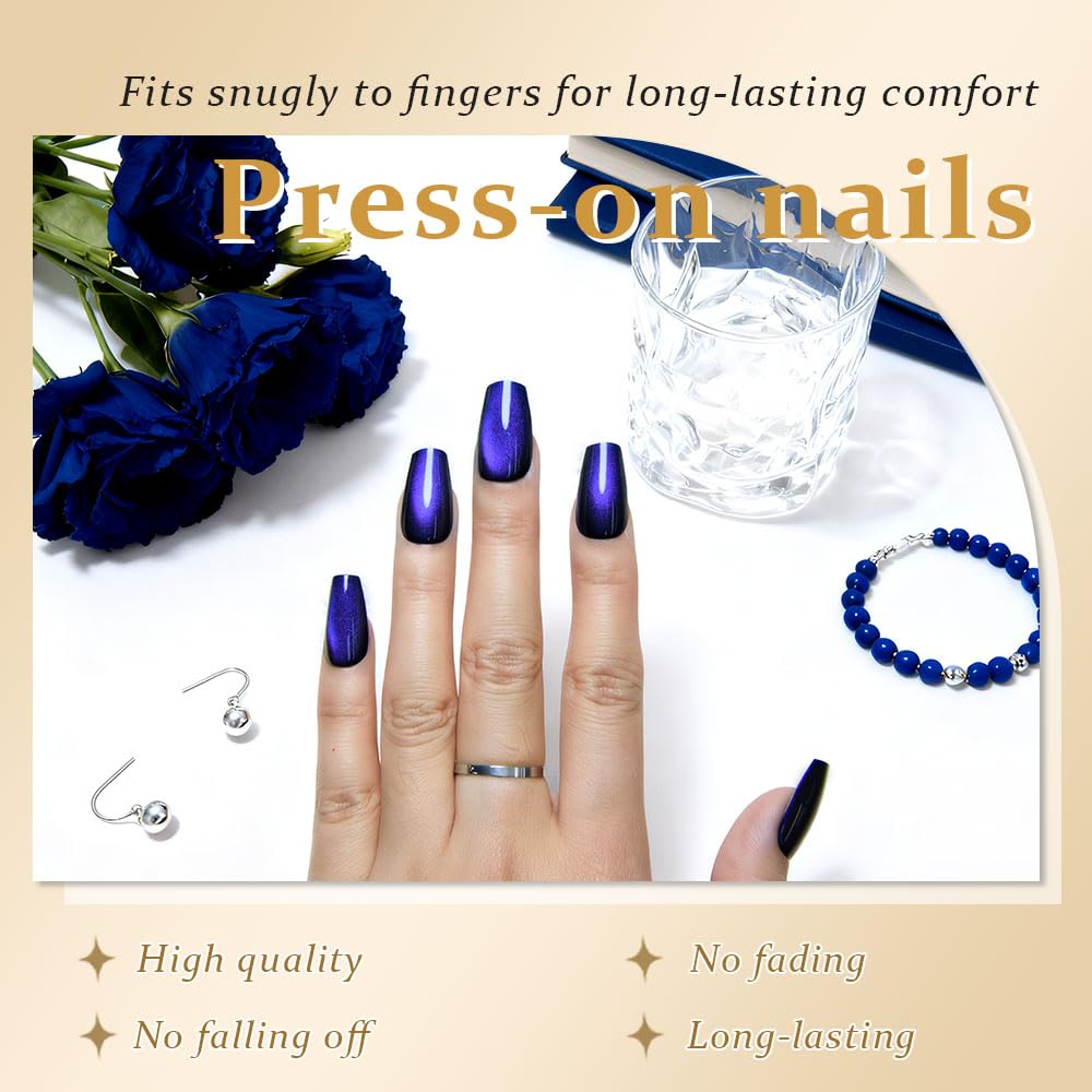 evpct Royal Blue Cat Eye Coffin Press on Nails Medium Square No Glue, Medium Square Stick on Nail for Women, Royal Blue Metallic Glitter Glossy Reusable Soft Press on Acrylic Fake Nails with Designs