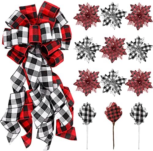 Syhood 13 Pcs Christmas Bow Tree Topper Set Red Black White Buffalo Plaid