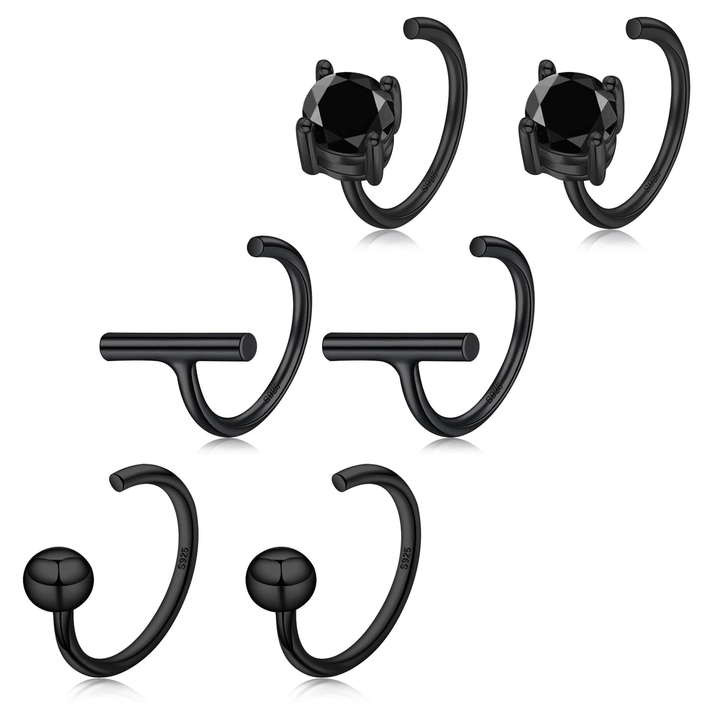 Black Half Hoop Earrings 925 Sterling Silver Small Huggie Hoop Earrings Set for Women 3 Pairs Open Hoop Earrings