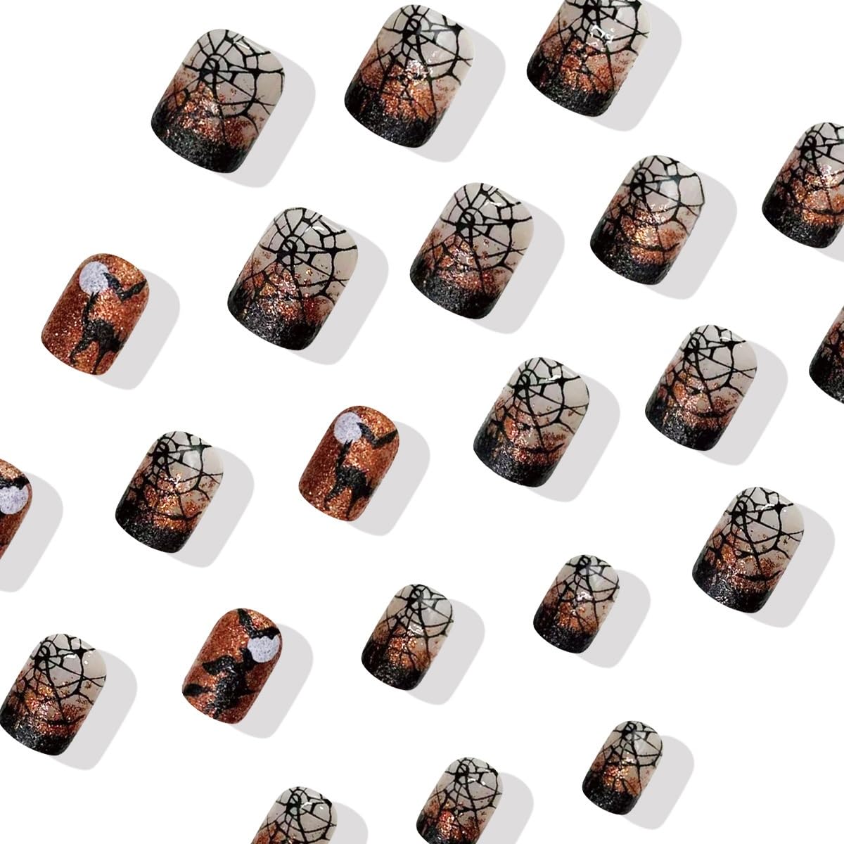 Halloween Press on Nails Short Square Fake Nails Spider Web Bat Cat Witch Designs Stick on Nails French Tip False Nails Orange Glitter Nail Artificial Acrylic Glue on Nail for Women Manicure 24Pcs