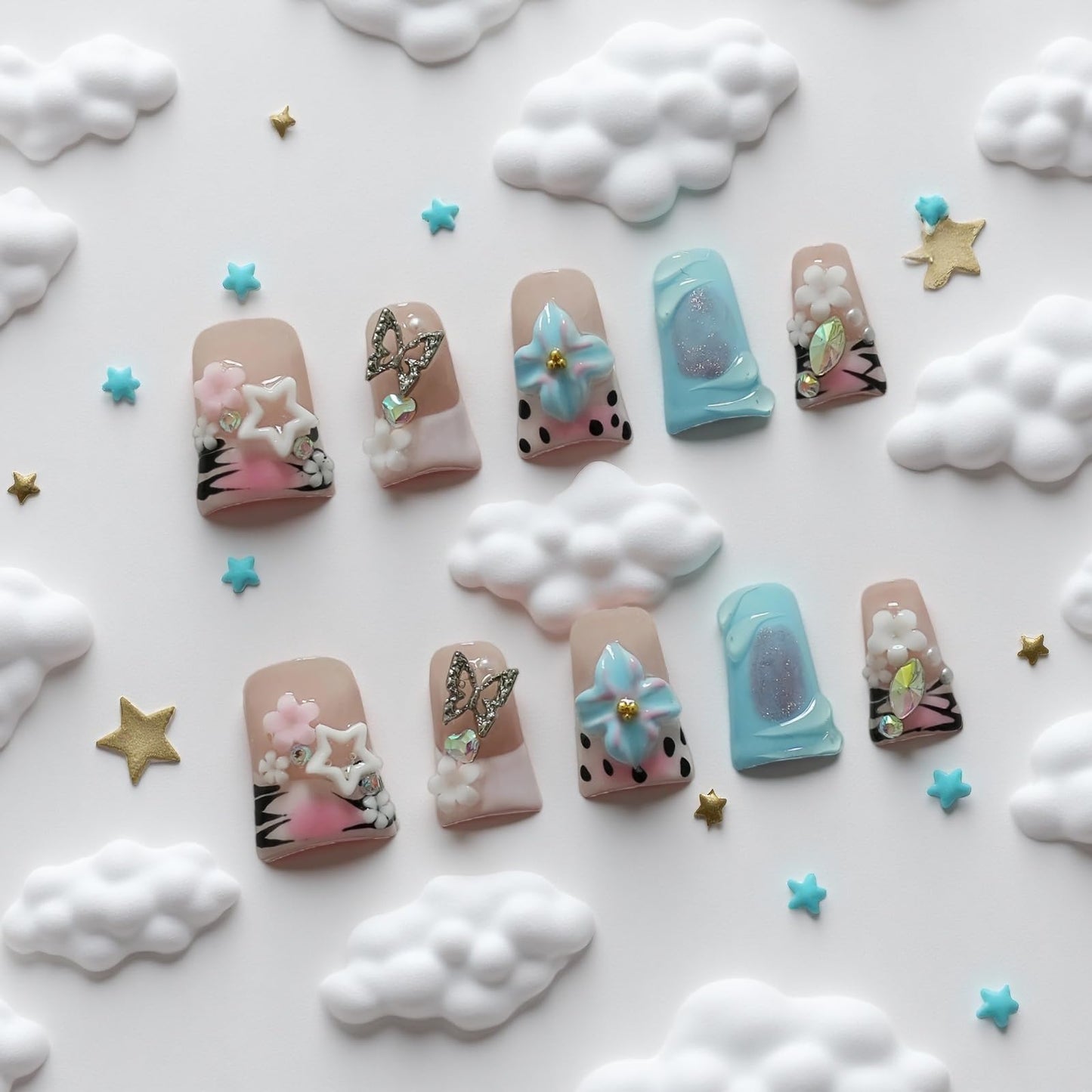 Tesytto Short Duck Press on Nails - 3D Floral Metallic Butterflies False Nails with Pink French Tip & Leopard Print, Pearls Star Luxury Design, Reusable Thick Acrylic Full Cover (Dance Passion,M)
