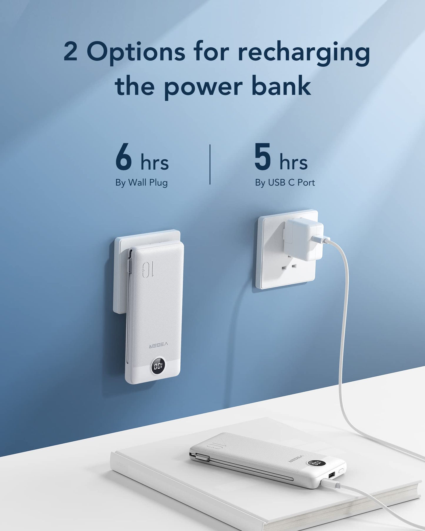 VEGER Portable Charger with Built-in AC Plug and Cables, All in One 10000mAh Ultra Slim Power Bank Travel Essentials, Fast Charging Battery Pack Compatible with iPhone, Samsung, Android (White)