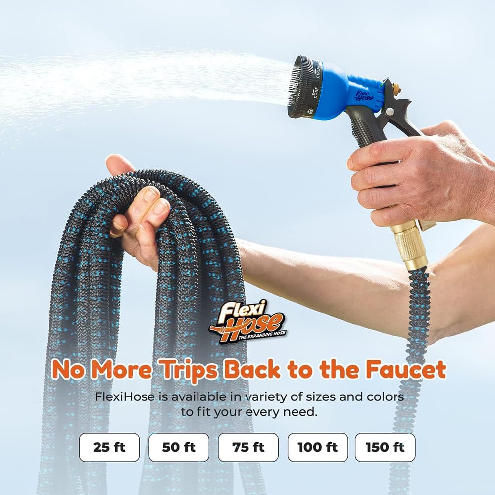 Flexi Hose Expandable Garden Hose with 8 Function Nozzle, 100FT - Lightweight Retractable Garden Hose, Water Hose - No-Kink Flexibility, 3/4 Inch Solid Brass Fittings and Double Latex Core