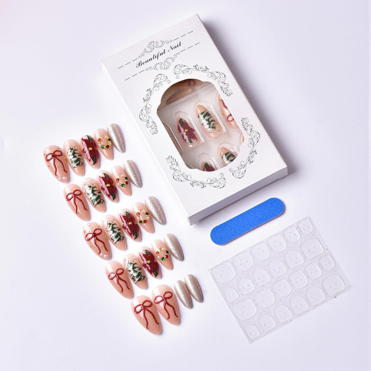 24Pcs Shiny Christmas Press on Nails Medium Almond Fake Nails 3D Rhinestones Pearls Wreath Charms Design Red Flower False Nails Bow Glue on Nail Xmas Tree Acrylic Nails for Women Holiday Nail Decor