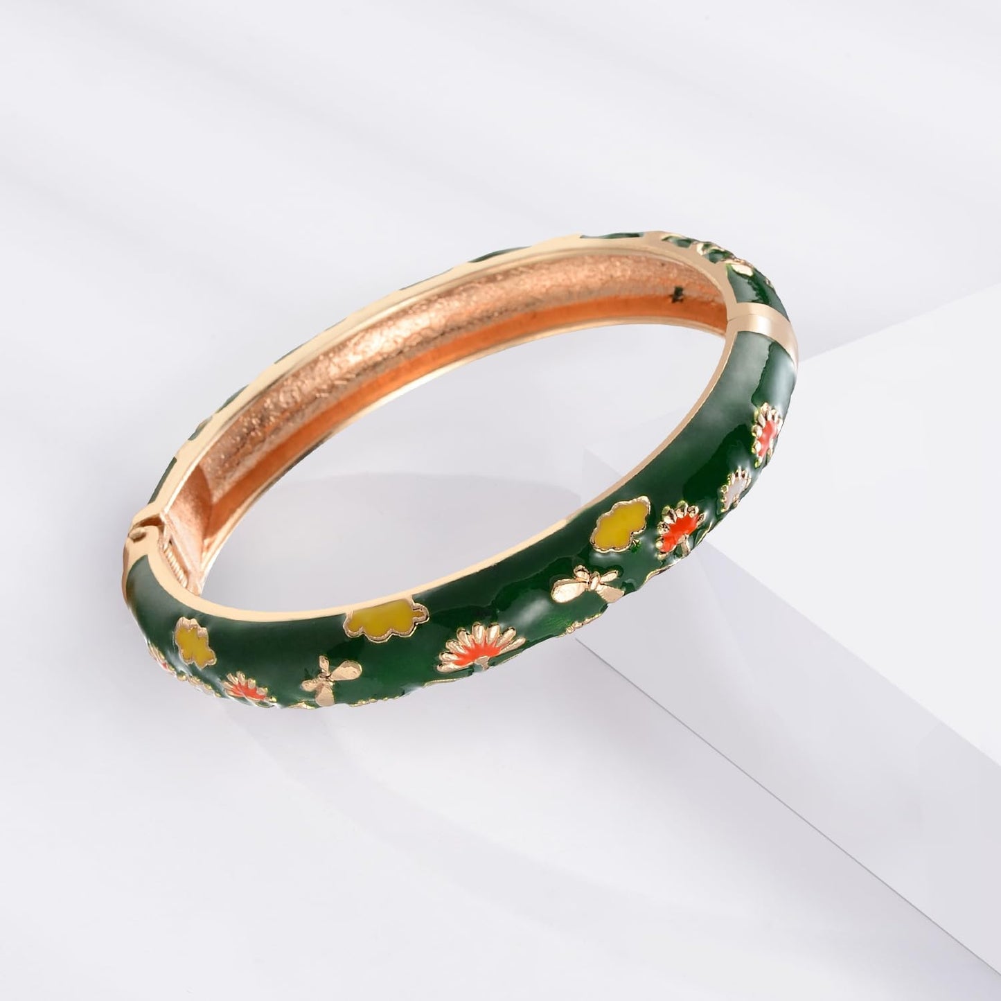 UJOY Gorgeous Bracelets Enameled Floral Cloisonne Gift Plated Cuff Bangles Jewelry Sets Box for Women 55A18-55A42 Green