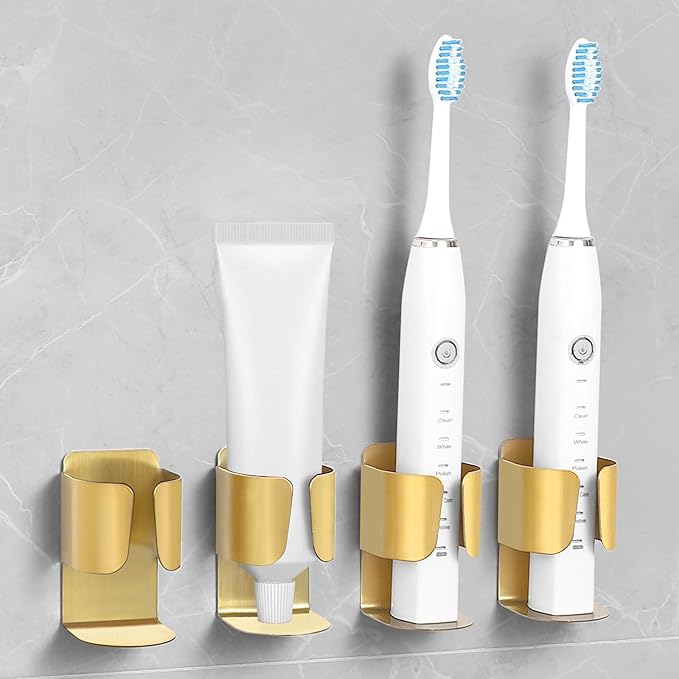 Electric Toothbrush Holder Wall Mount, 304 Stainless Steel Self-Adhesive Bathroom Organizer for Electric Toothbrush, Toothpaste & Face Wash-Space Saving, Waterproof, Holds Up to 10lbs (Golden 2 Pack)