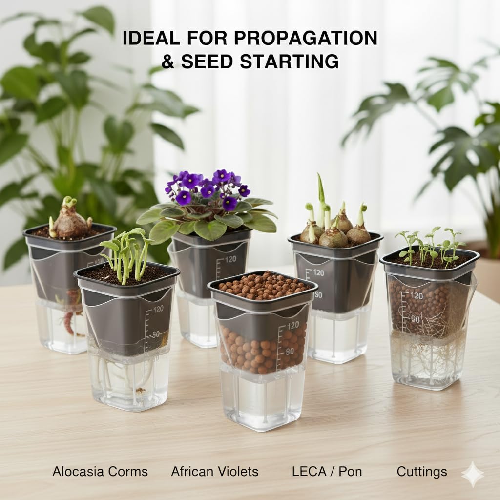 12 Pack 2" Clear Self Watering Pots with Wick System, Water Level Indicator & Drainage Hole, Consistent Moisture for Seedlings, Cuttings, Alocasia Corm & African Violet, 12 Plant Labels Included