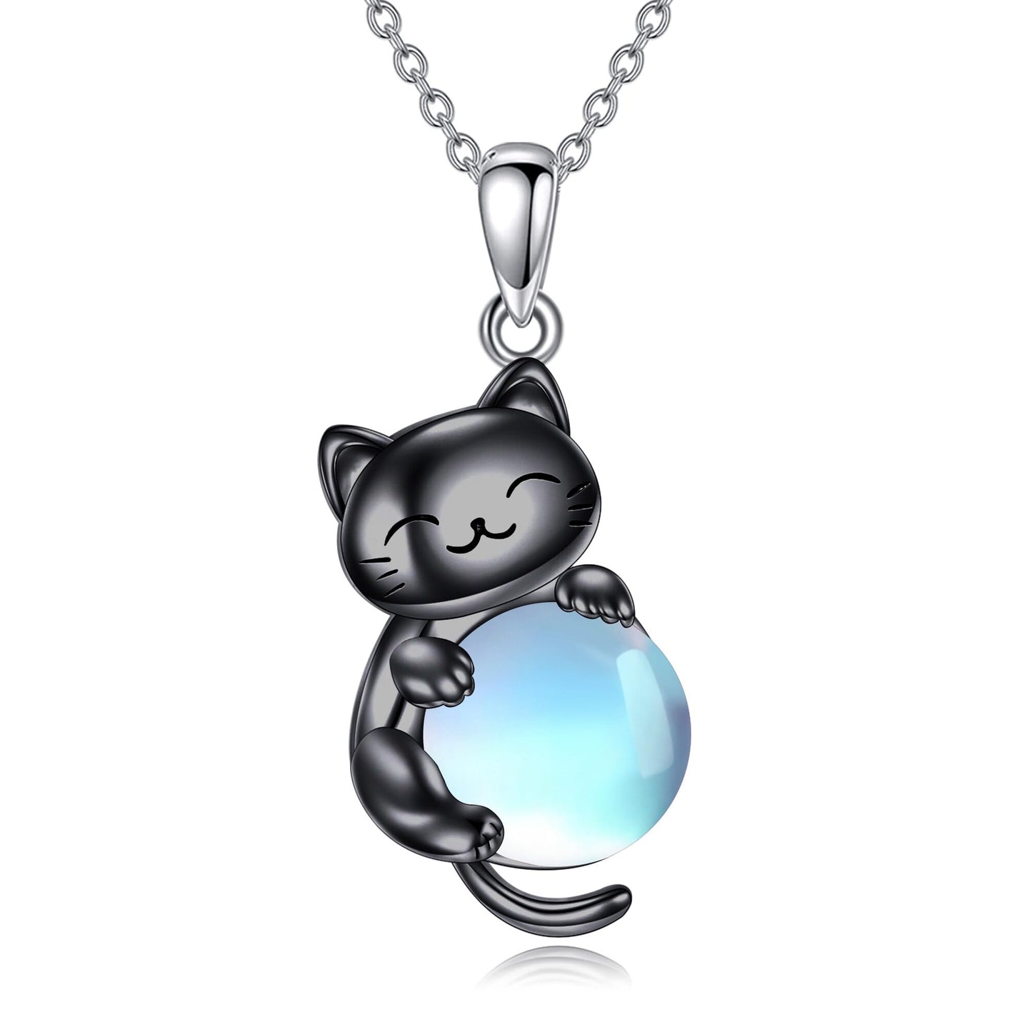 YAFEINI Cat Necklace 925 Sterling Silver Moonstone/Rose Quartz Pendant Jewelry for Women Cat Lovers (Moonstone)