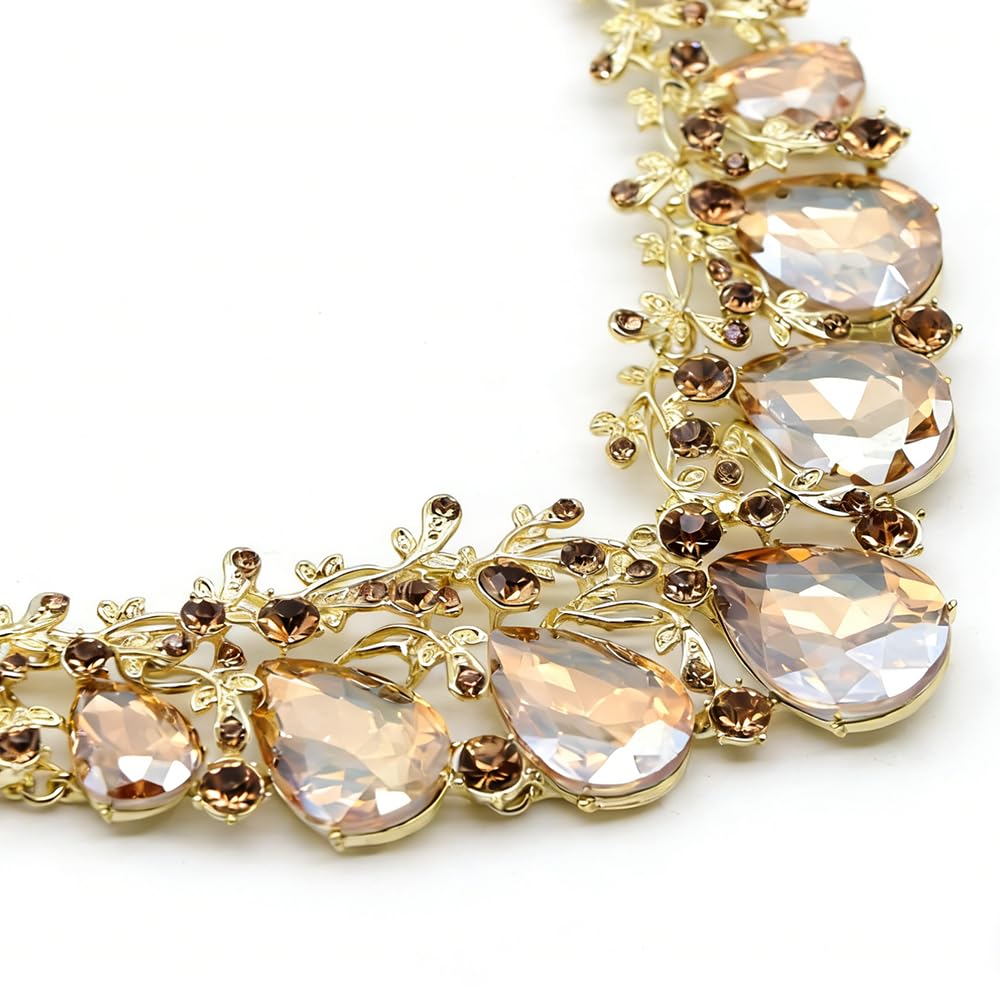 Qlavoca Vintage Crystal Teardrop Necklace Earrings Set - Gothic Statement Jewelry for Wedding Bridal Prom Party(Champagne)