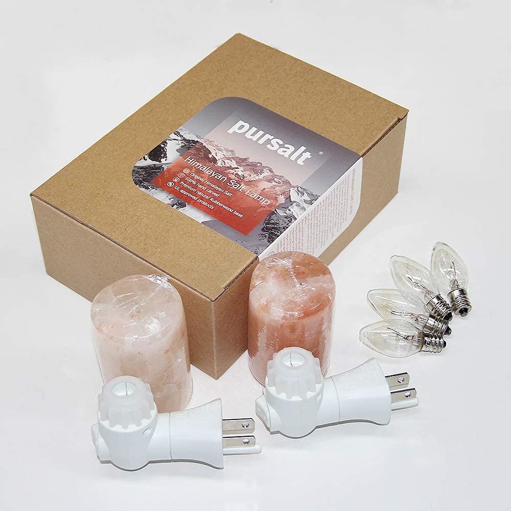 pursalt Himalayan Salt Lamp Plug in Night Light 2 Pack, 360 Degree Adjustable Wall Plug & Extra 4 Replacement Bulbs Bathroom Bedroom Night Light, Pink Crystal Rock Salt Hand Crafted Cylinder Size