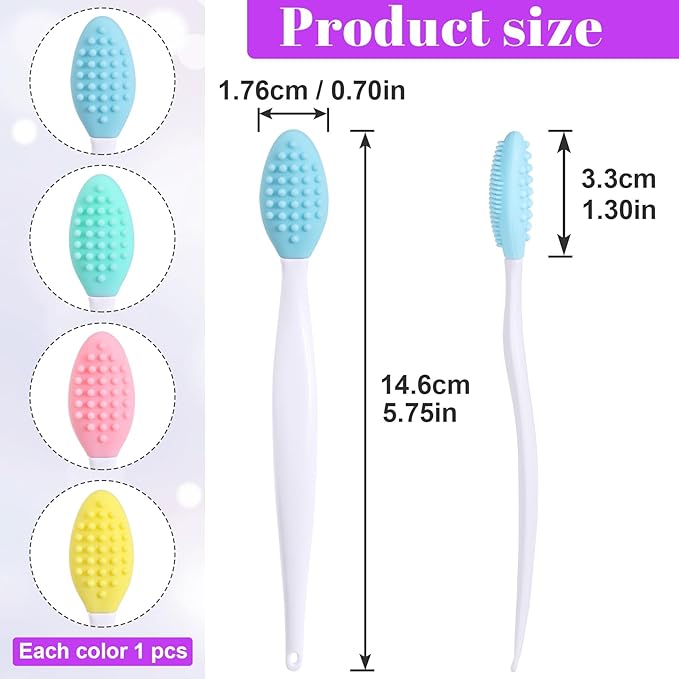 4pcs Lip Scrub Brush, Silicone Lip Exfoliator Brushes Scrubber Tool, Double-Sided Lip Cleaning Exfoliating Remove Dead Skin Tool for Men Women Dark Lips- Pink & Green & Blue & Yellow