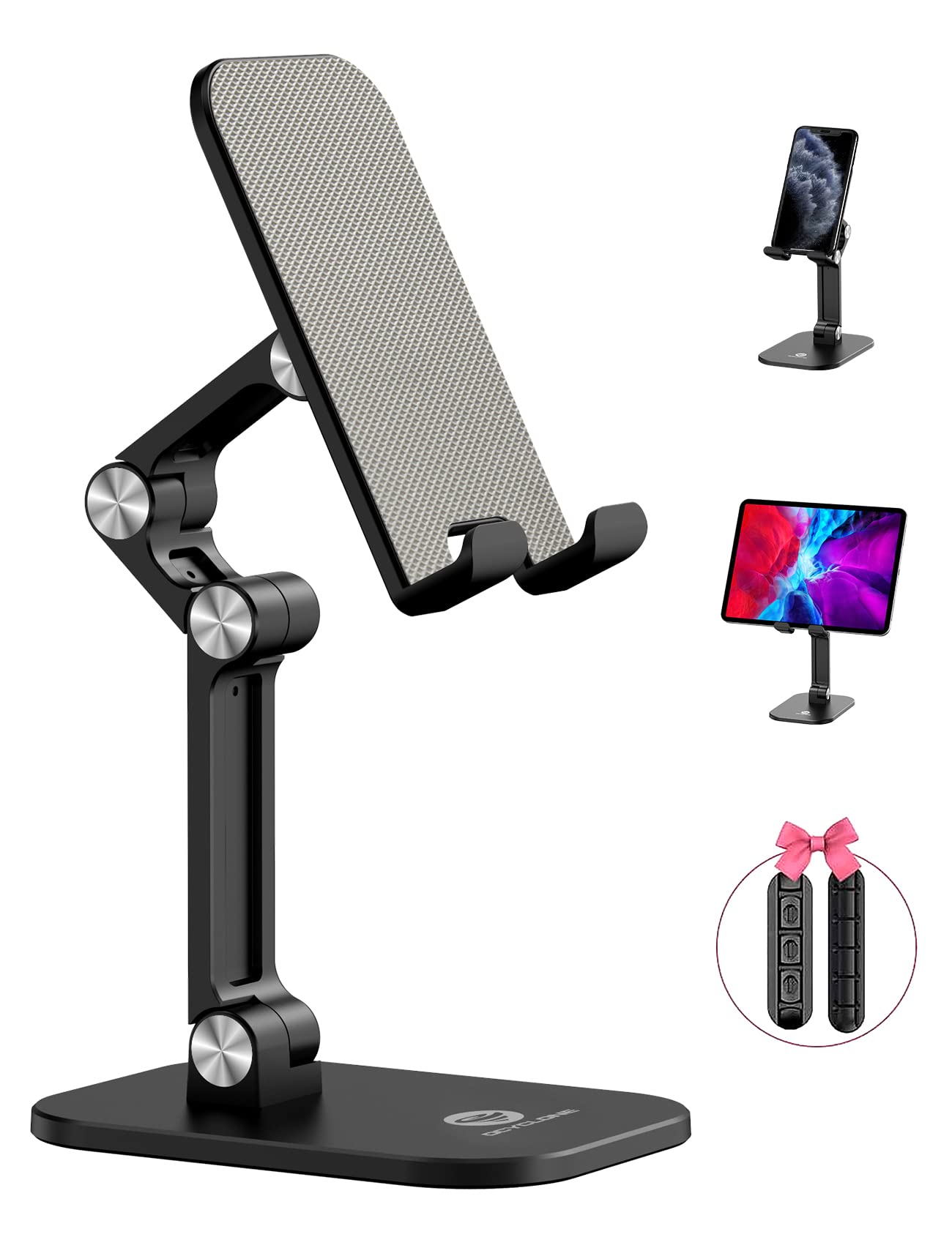 OCYCLONE Cell Phone Stand + 2 PCS Cable Organizer, Angle Height Adjustable iPhone Stand for Desk, Foldable Cell Phone Holder Tablet Stand Compatible with 4.7"-13" Phone Tablet