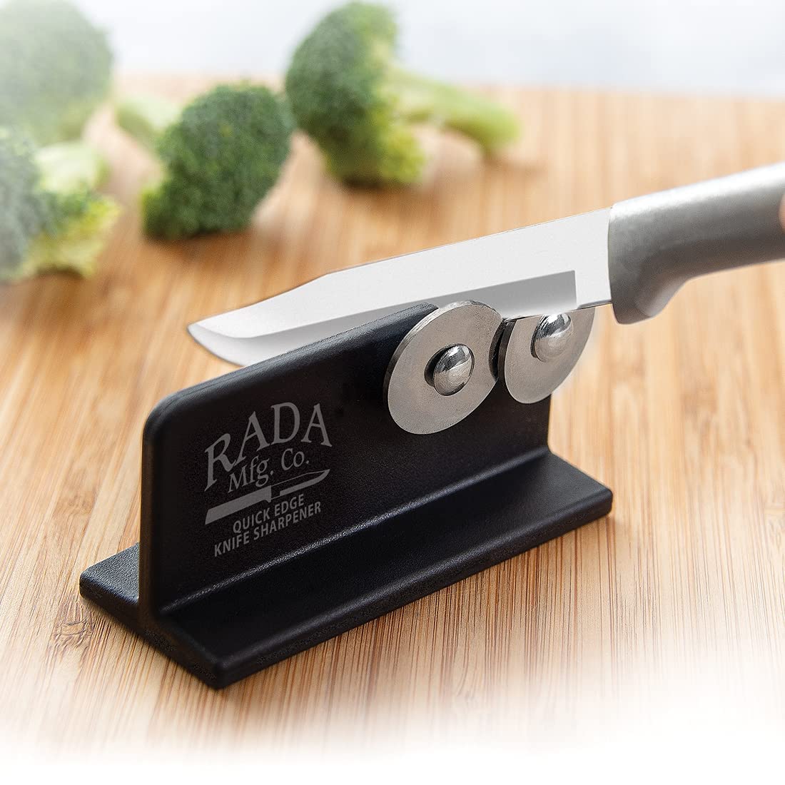 Rada Cutlery The Starter Gift Set (G238), 7-piece Knife Set with Quick Edge Sharpener (R119), Stainless Steel Blades, Black Handle