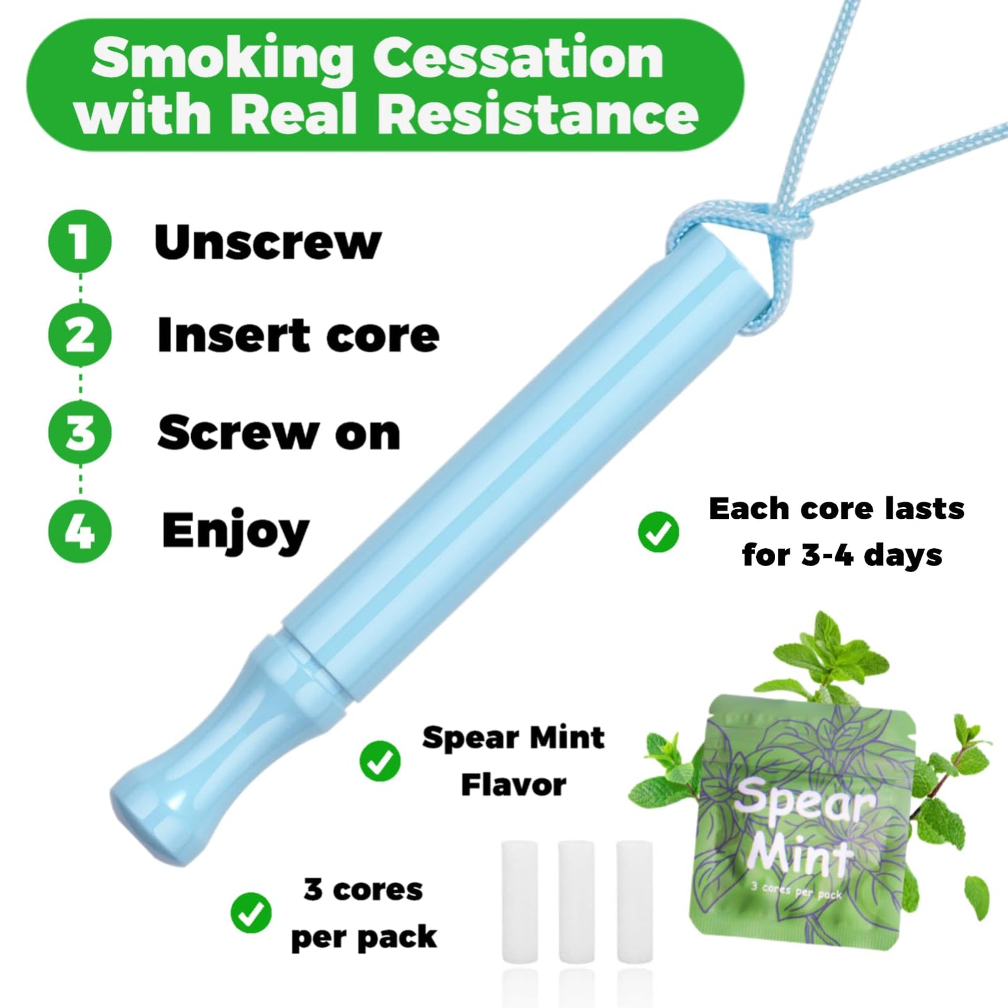 LAMKHOO Breathing Necklace to Quit Smoking and Vaping with Refillable Mint Pods, Stop Smoking Aids Fidget Necklace, Smokeless Inhaler for Adults with Enameled Surface, Includes 3 Mint Cotton Cores