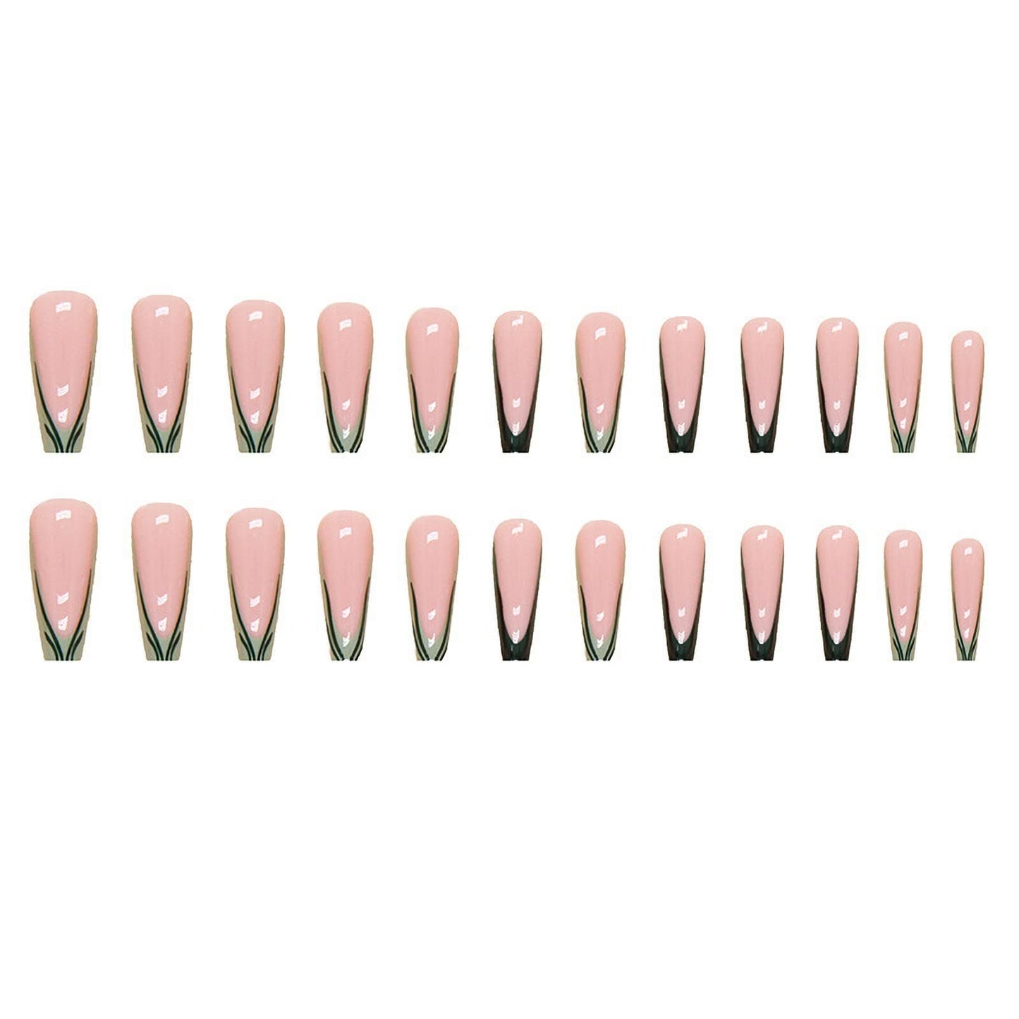 MISUD Press on Nails - Long Coffin Glue on Nails, Acrylic Dark Green French Tip Design 24 pcs