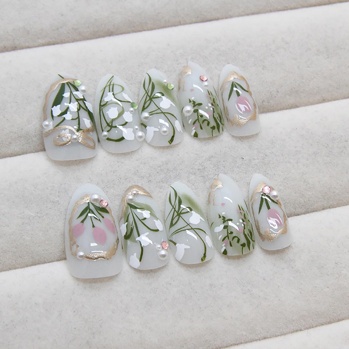 24Pcs Green Press on Nails Medium Almond Fake Nails 3D Pearl Rhinestones Glitter Designs Gold French Tips Flower Glue on Nails Spring False Nails Full Cover Stick on Nails for Women Acrylic Nails