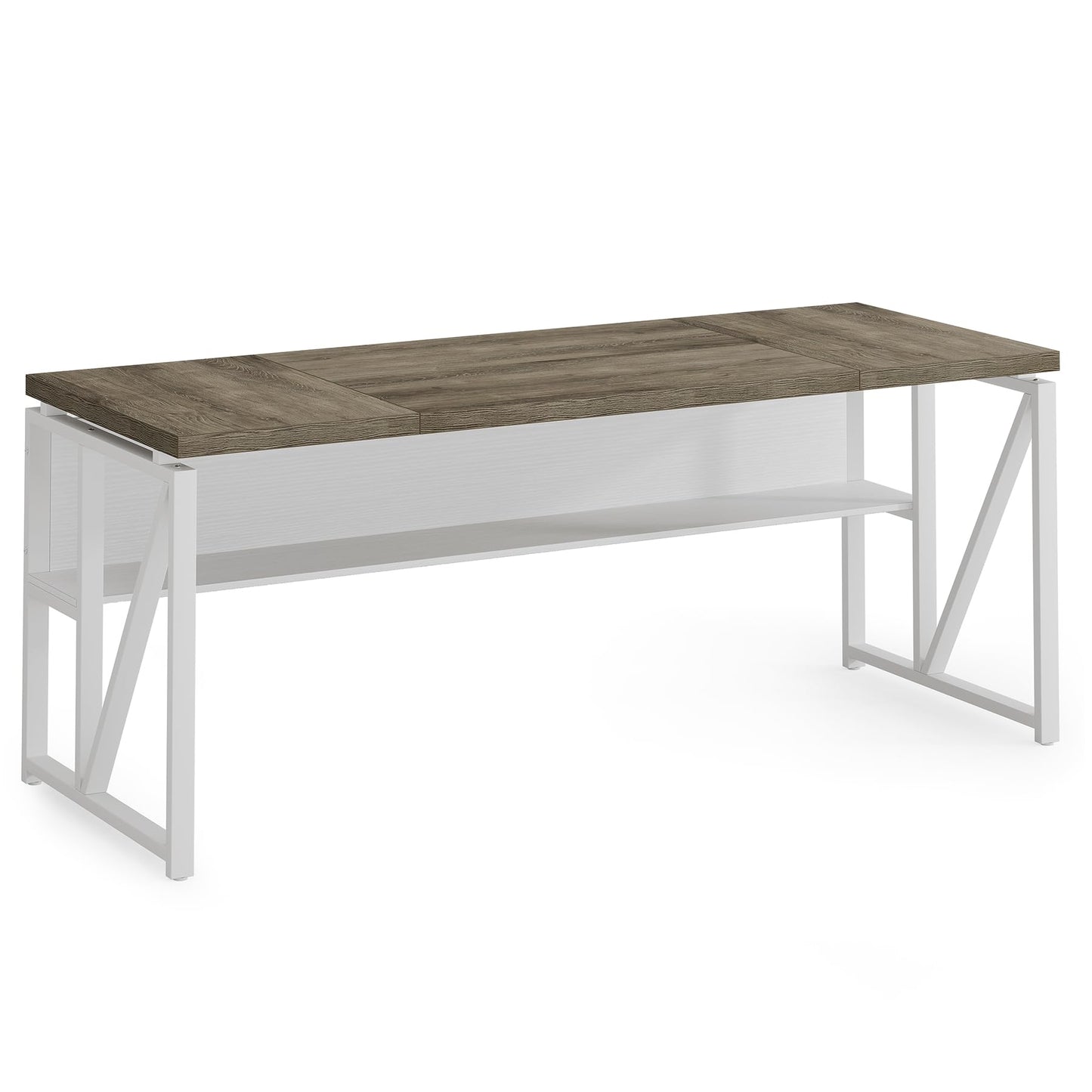 LITTLE TREE 63-Inch Executive Office Desk, Large Computer Desk with Storage Shelf, Executive Desk with Metal Frame, Thickened Desktop, Study Writing Desk Work Station for Home Office, Grey + White