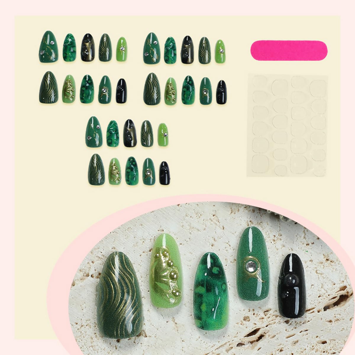 30Pcs Dark Green Press on Nails Medium Almond Fake Nails Gilding Butterfly Star False Nails with Gold Glitter Rhinestones Design Full Cover Artificial Glue on Nails 3D Ripple Stick on Nails for Women