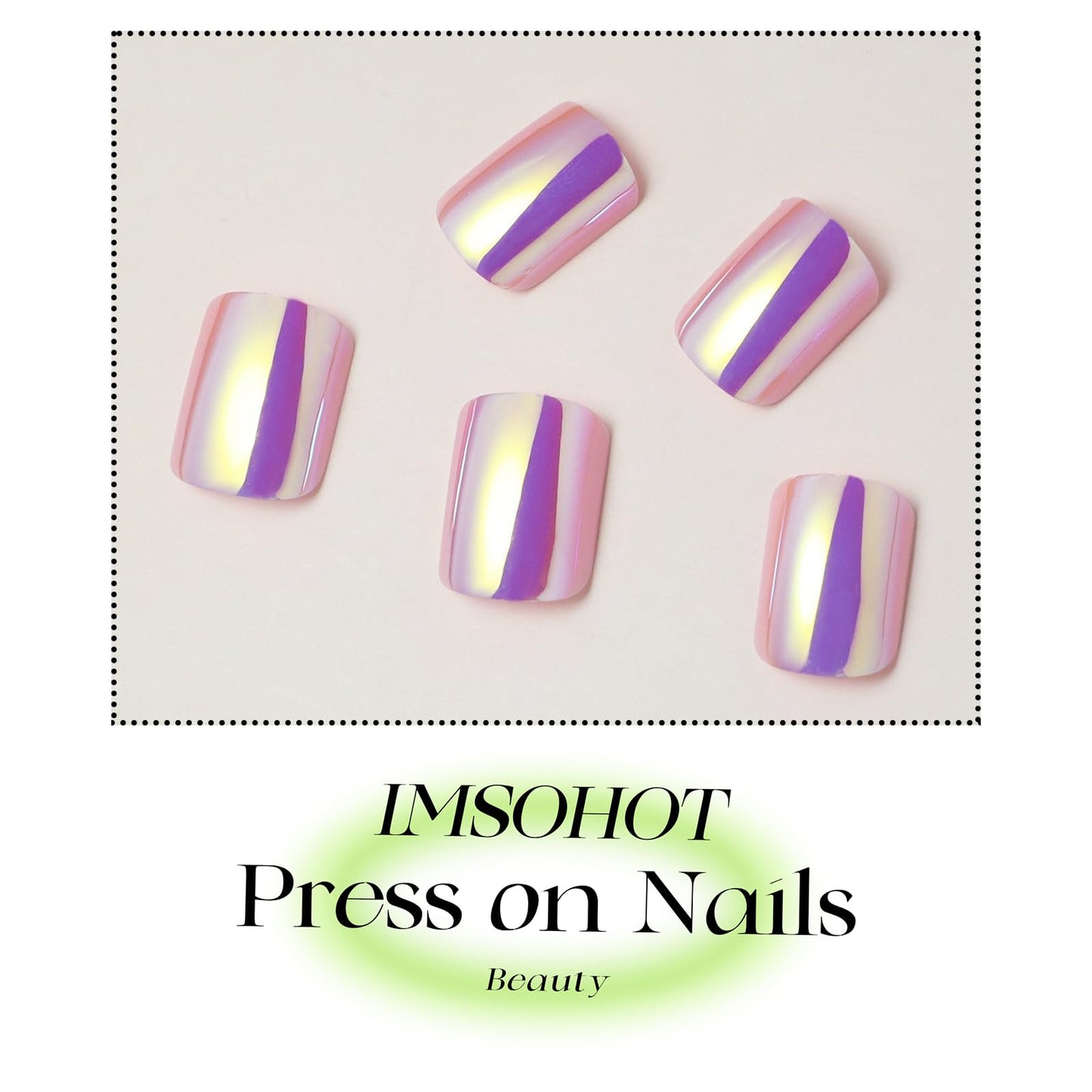IMSOHOT Pink Laser Press on Nails Short Square Fake Nails Glossy Aurora Full Cover Cute Squoval Acrylic False Nails Chrome Suqoval Stick on Nails for Women Girls 24Pcs