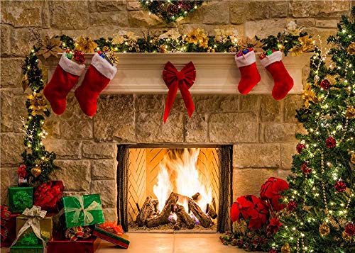 8x6ft Fireplace Holiday Photography Backdrop Photo Booths Studio Props Vinyl Christmas Stocking Tree Photo Background Winter Xmas Birthday Party Decorations Baby Shower Supplies - size: 8x6ft