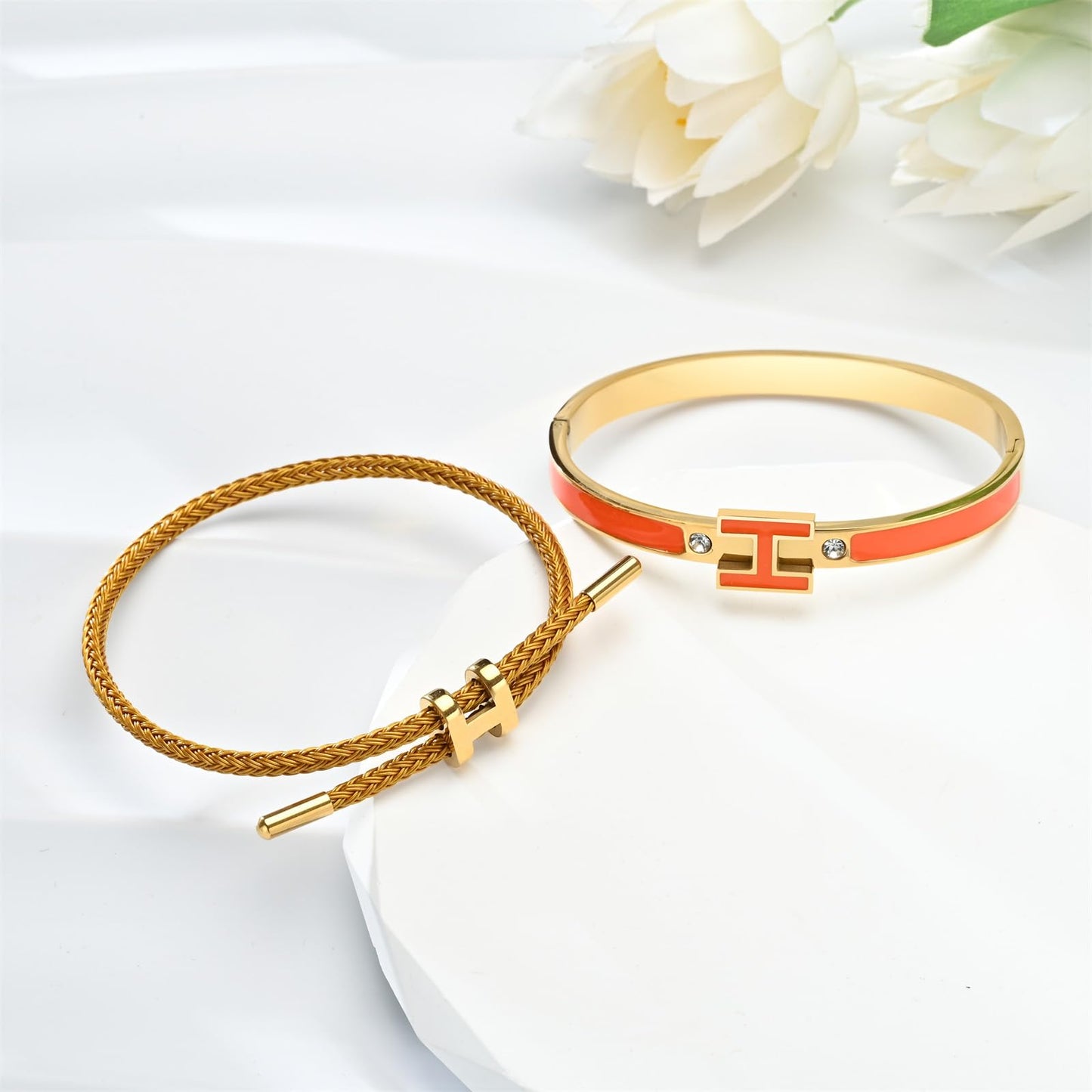 Hothink H Bracelets for Women,H Bangle and H Wire Rope Bracelet Set,Dainty 18K Gold Plated Bracelets Set for Christmas Mothers Day Gifts for Women (Gold-Orange)