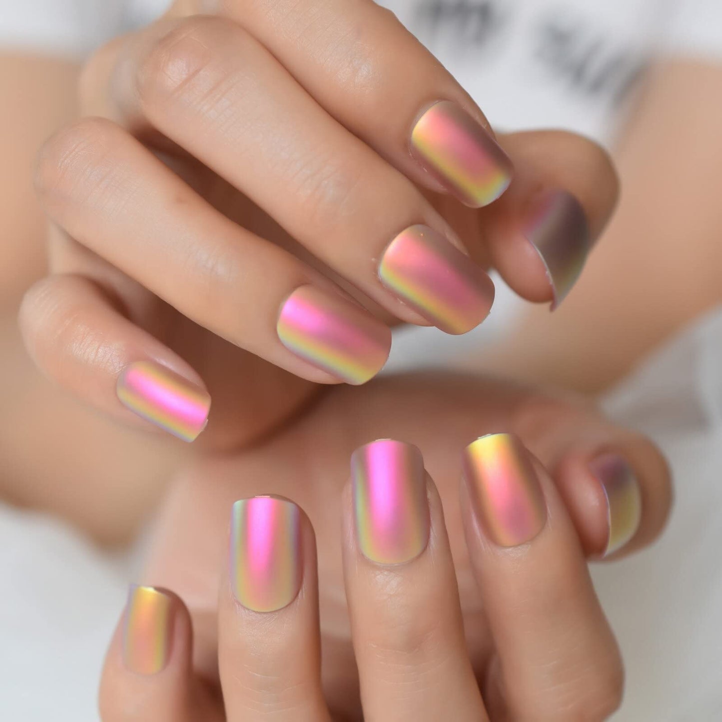 Coolnail Chrome Pink Gold Short Fake Nails Rainbow Squoval Square Gel False Press on Nails for Girl Full Cover Wear Finger Nail Art Tips