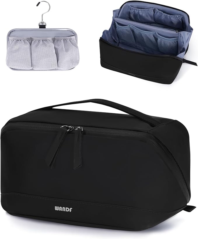 WANDF Toiletry Bag for Men, PU Leather Travel Organizer with Detachable Waterproof Hanging Pouch, Open-Flat Dopp Kit Shaving Bag with Wet Pocket for Travel Toiletries Accessories (Black)