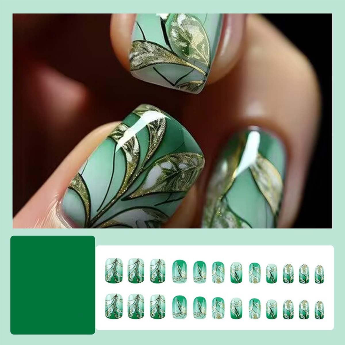 Square Fake Nails Short Press On Nails Leaf Glitter With Gradient Design Green False Nails Acrylic Artificial Glossy Full Cover Spring Glue On Nail Summer Stick On Nail For Women 24pcs