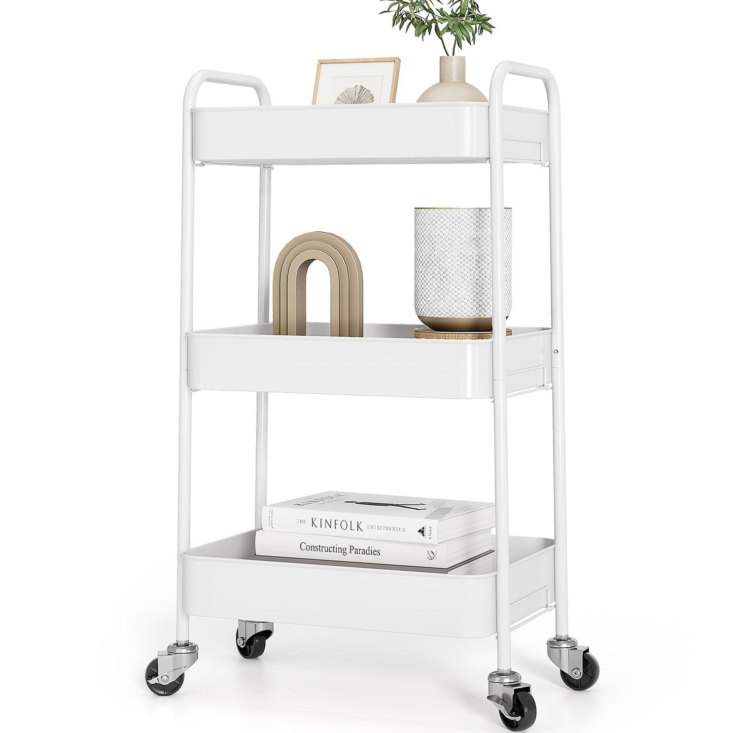 TOOLF 3-Tier Rolling Cart - Metal Utility Storage Organizer with Lockable Wheels, 33 lbs Per Shelf, Tool-Free 5-Min Assembly, for Kitchen Bathroom Office Nursery Craft Room, White