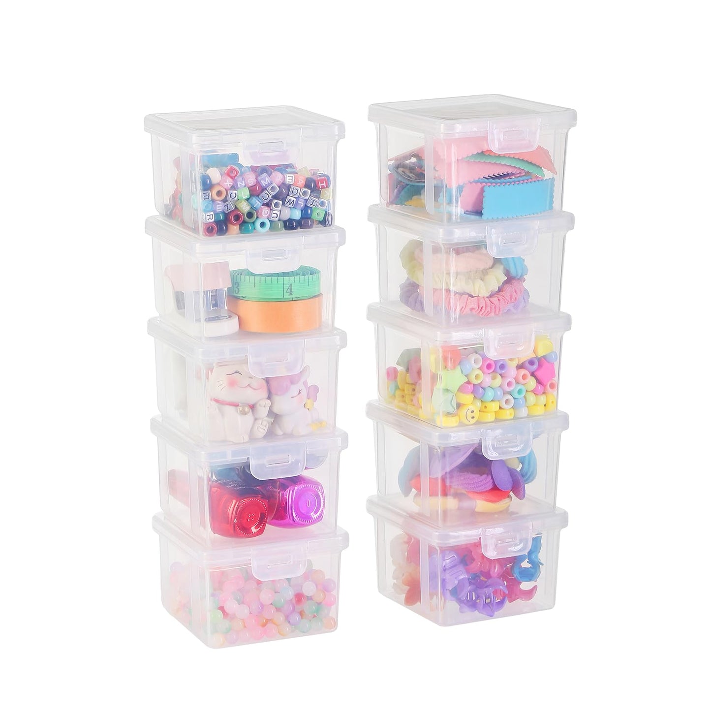 Swuj 10-Pack Small Plastic Containers with Lids, Clear Stackable Storage Boxes & Bins Organizer for Bead Organizer, Craft Storage, Stickers, Jewelry & Small Items – Square Small