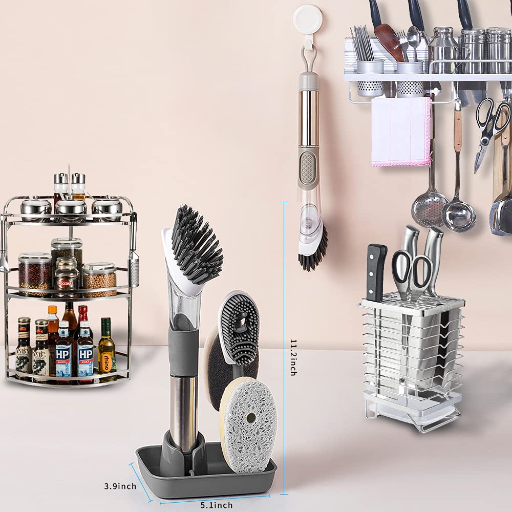 QUTHZZHY 4-in-1 Dish Cleaning Brush Soap Dispensing Dish Brush Set with 4 Replacement Heads and Storage Holder, Kitchen Scrub Brush for Dish Pot Pan Sink Cleaning (Grey)