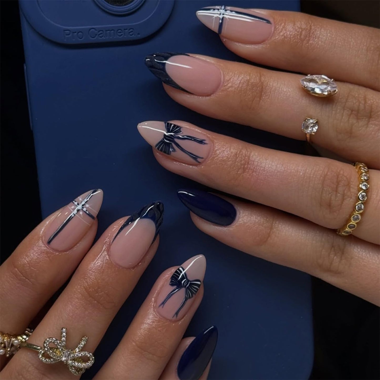 Navy Blue Press on Nails Short Almond Fake Nails with Bow Designs French Tip Fale Nails Glossy Full Cover Glue on Nails Snowflake Nails Press ons for Women Holiday DIY Nail Art Decor
